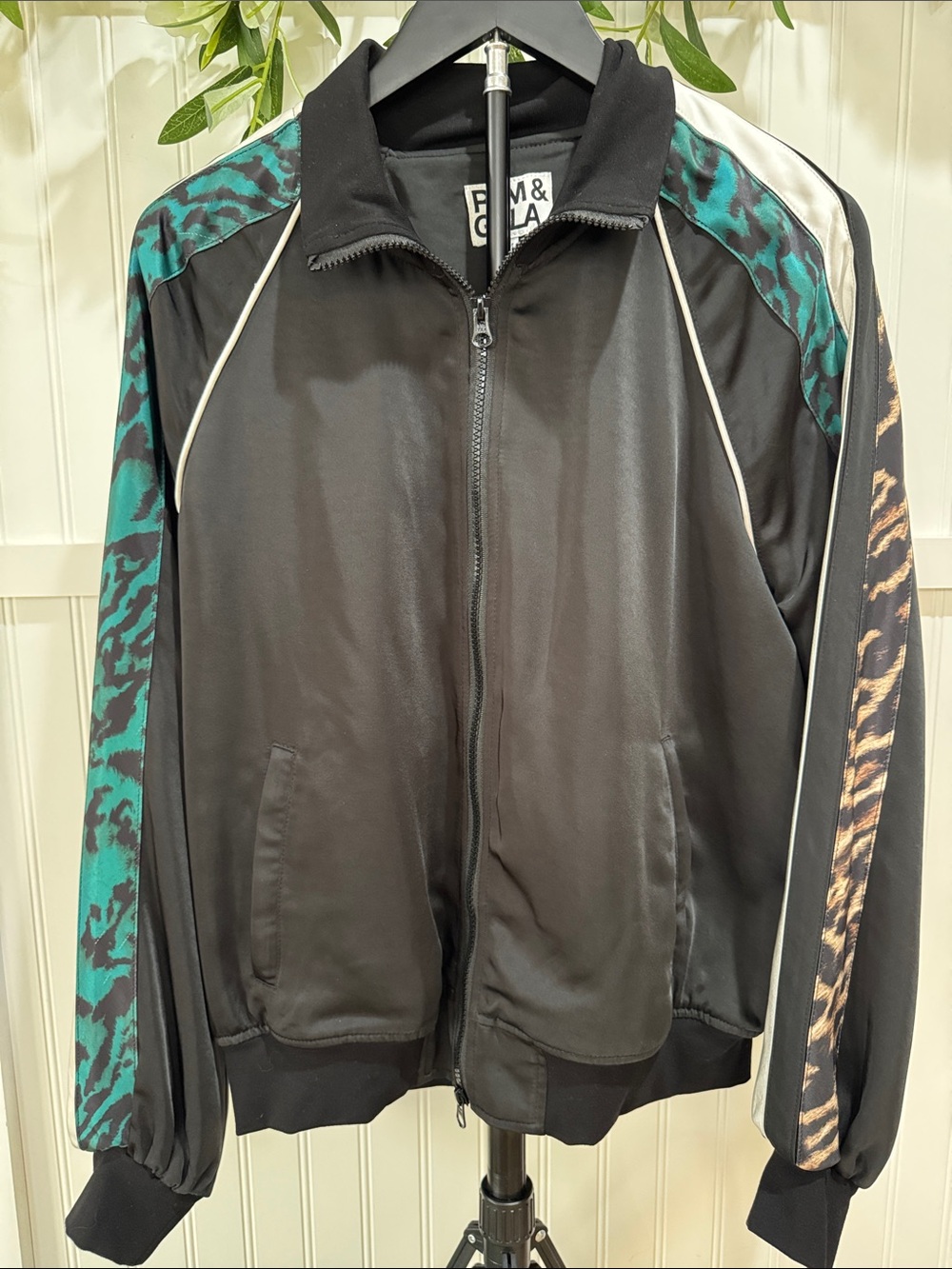 #730 PAM & GELA Black Track Jacket with Green and Brown Animal-Print Panels